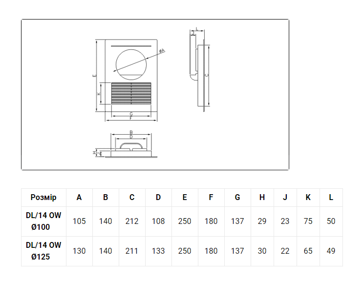 Вентиляційна решітка D/14 OW d 125 DOSPEL 007-0663 фото