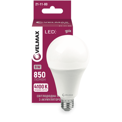 LED лампа VELMAX акумуляторна V-A80W, 2500mAh, 12W, Е27, 4100K, 1140lm 21-11-82 фото